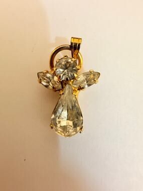 Vintage Gold Tone Crystal Angel Dainty Pendant